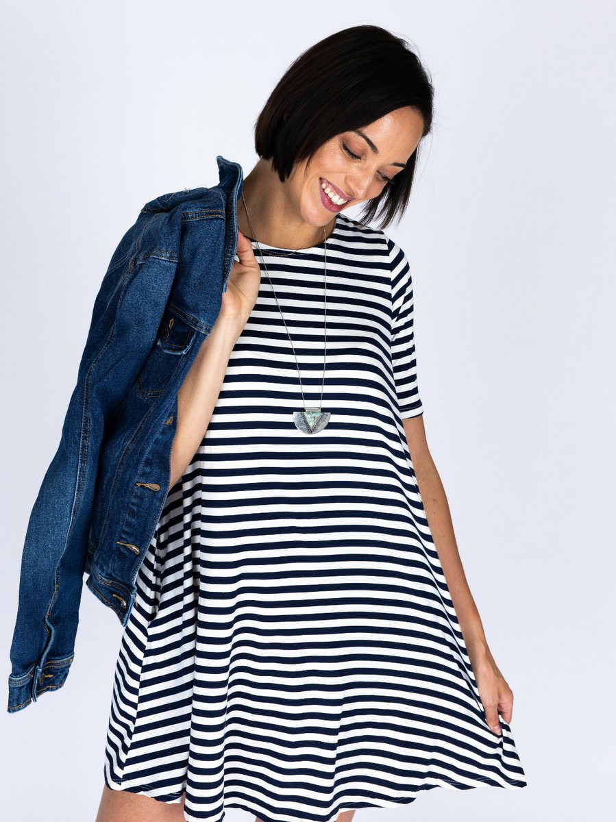 Agnes & Dora Swing Tunic Dress Navy White Stripe nautical pockets S L XL NWT