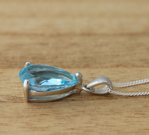 Natural Blue Topaz Large Teardrop 925 Sterling Silver Pendant Necklace 18 Inch - Picture 5 of 7