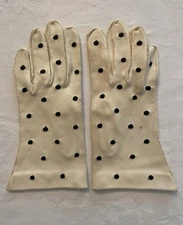 Vintage Formal Dress Gloves Off White and Black Polka Dot 7.75” Girls One Size