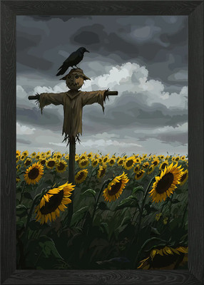 Vogelscheuche und Krähe in Sonnenblumenfett gerahmtes Wandbild Poster Leinwanddruck Bild