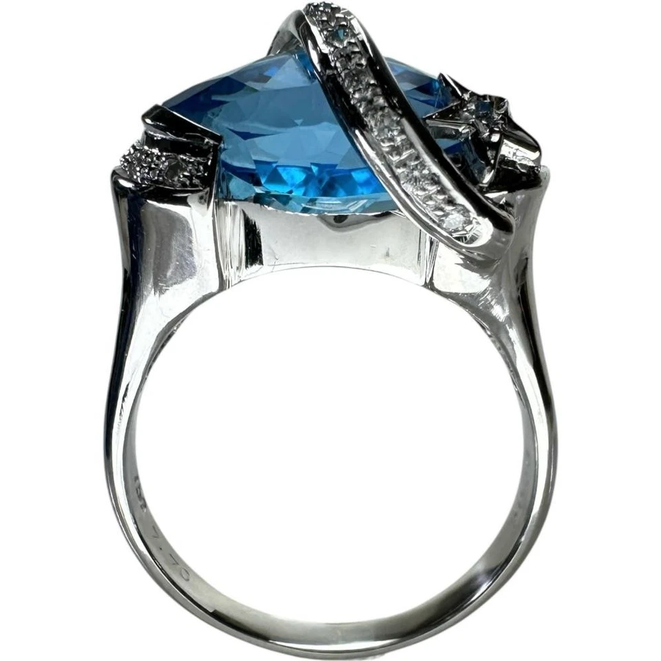 US 8 Topacio Azul 7.70ct Diamante 0.14ct Anillo K18WG Oro Blanco 8.4g Mujeres - Imagen 4 de 4