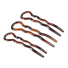 French Sleek AA Brown Tortoise Shell Large Wavy U Shaped Hair Bun Pins - 3 Pcs