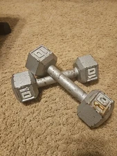 Dumbbell Pair (2) Of 10 (Lb) Pound Hex Cast Iron Weights (20Lbs. total)
