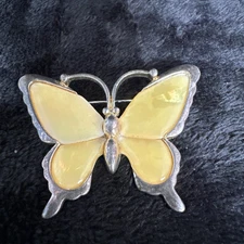 Vintage Silver And Yellow Aventurine? Butterfly Brooch