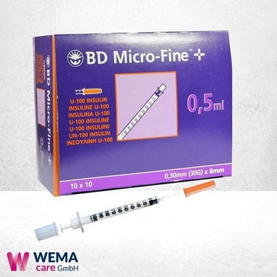 BD Micro-Fine + Insulinspritzen U100 0,5 ml 0,30x8 mm - 100 Stück - PZN 7468077