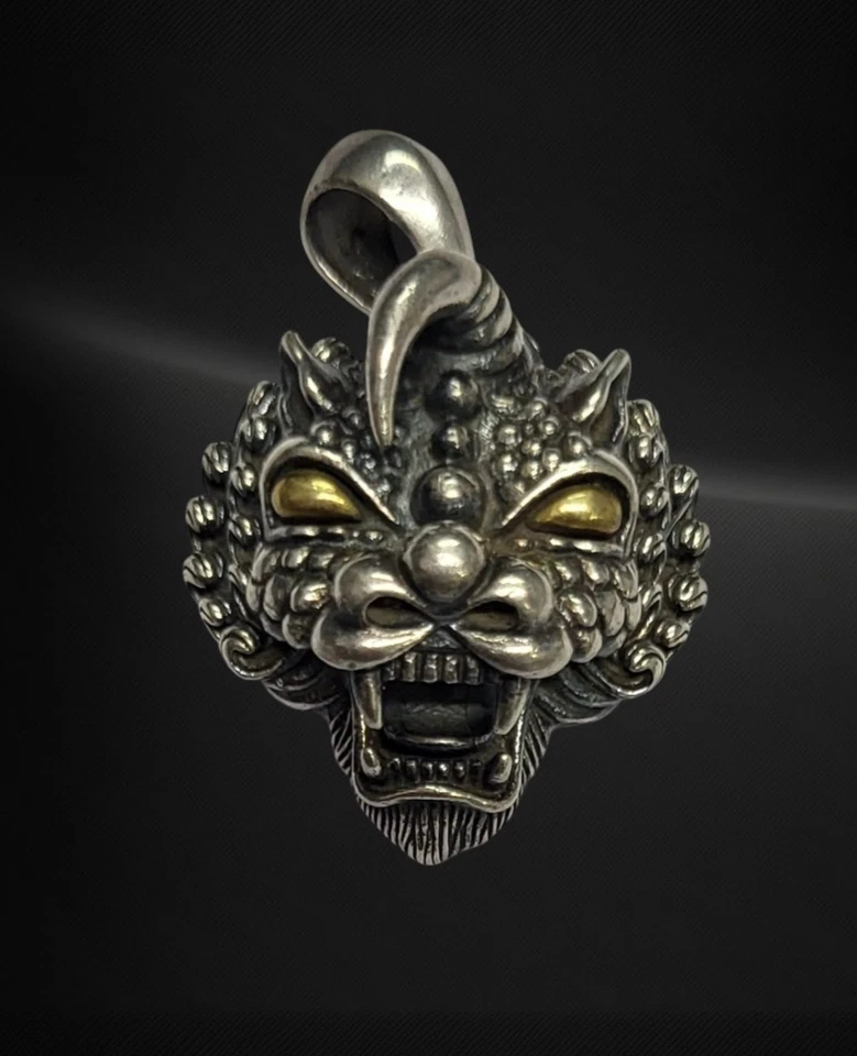 Da Uomo 3.8cm Foo Cane Pinky Ciondolo 925 Ossidato Argento Con Smalto Occhi - Immagine 2 di 4