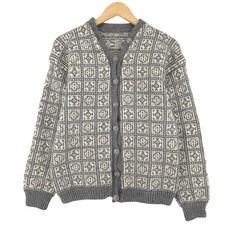 Vintage Nordic Fair Isle Cardigan Sweater Women Grau V-Neck Wool M