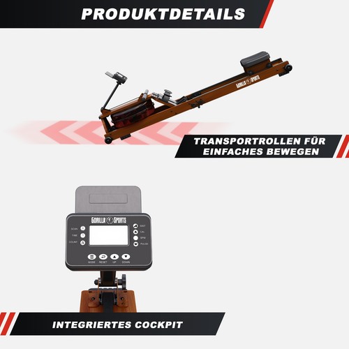 GORILLA SPORTS® Rudergerät Wasser Holz Klappbar Rudermaschine für Zuhause - Bild 11 von 12