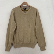 Tommy Hilfiger Sweater Mens Medium Beige 100 Cotton V Neck Knit Pullover Preppy