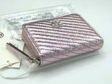 Tory Burch Kira Metallic Moto Quilt Small Z/A Leather Wallet in Sparkle Pink NWT