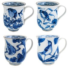 Lot de 4 anciennes tasses tasses à tasse japonaises faites main oiseau bleu e...