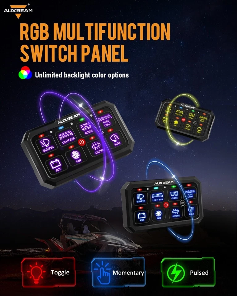 Panel de interruptor de 8 velocidades AUXBEAM RGB sistema de relé de control de circuito momentáneo para Jeep Foto 3 de 4
