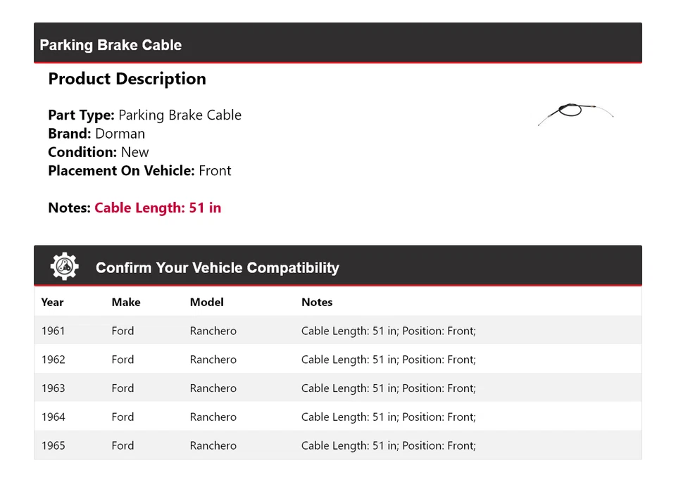 Cable de freno de estacionamiento delantero para Ford Ranchero Dorman 1961-1965 1962 1963 1964 Foto 2 de 4