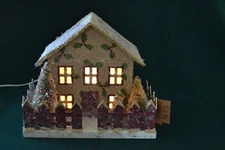Large Ragon House Snowy Lighted Putz House ~ Bottle Brush Trees Dan & Brenda