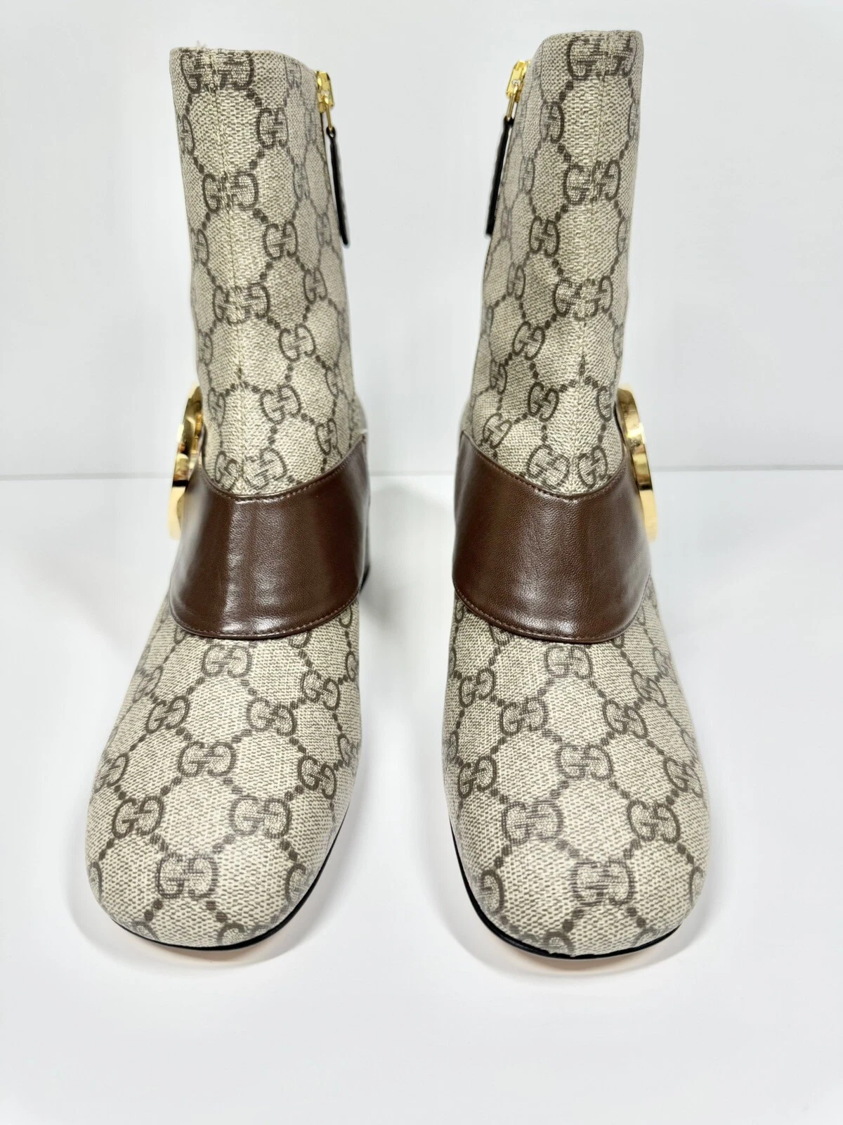 GUCCI BOOTIES BLONDIE GG SUPREME FERMETURE ÉCLAIR LATÉRALE CHEVILLE BLOC TALON FEMME EU 38 US 8