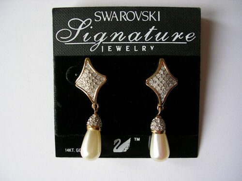Authentic Swarovski Signature Drop Pearl Stud Earrings Pave Crystals Gold Tone - Picture 3 of 4