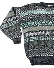 Vintage Fair Isle Pullover Crew Neck Sweater Large L Made in Italy Blue Gray