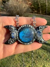 Huge Labradorite Pendant Necklace Artisan Handcrafted Triple Moon