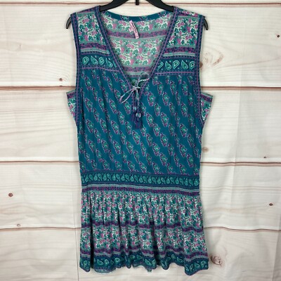 Calypso St Barth Dress Women S Green Floral Cotton Mini Sleeveless Tassel Beach