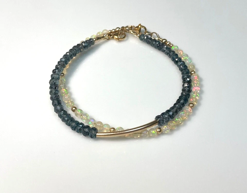 Opal and Kyanite Braclet Set, Gold Filled Bar, Gift Set - Imagem 4 de 4