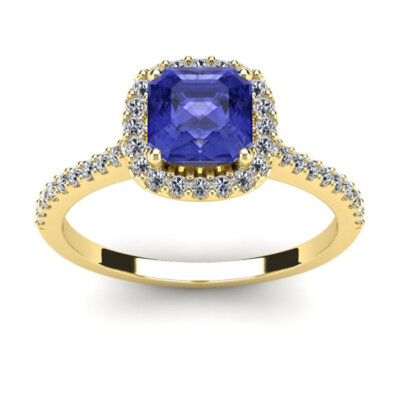 14K Gelbgold 1 1/4 Karat Kissenschliff Tansanit und Halo Diamant Ring