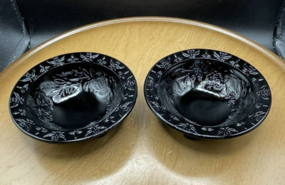 US Glass Co. Black Glass Footed Bowls Rose and Thorn Design 1930s Ohio Vintage