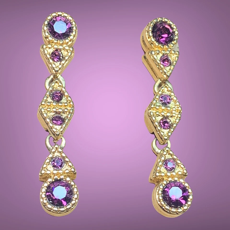 Authentic Swarovski swan Logo   glass amethyst dangle gold tone - Image 2 of 4