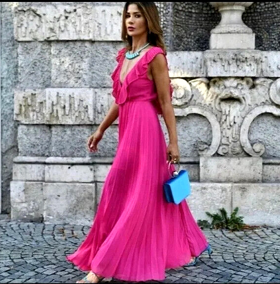 ZARA FUCHSIA PINK PLEATED PLISSE MAXI OPEN BACK DRESS SIZE L 14 SUMMER  WEDDING
