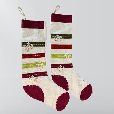 Vintage Handmade Pair Of Skinny Snowflake Christmas Stockings