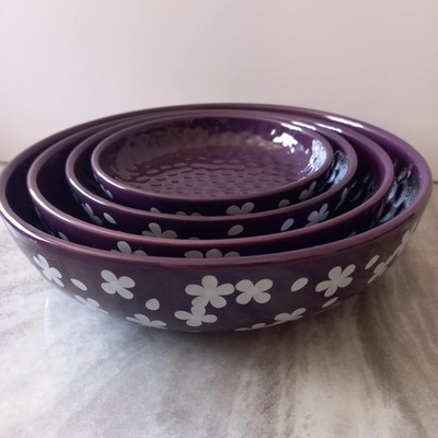 Temp-tations Fields of Flowers Set of 4 Eggplant Hand Painted Nesting Bowls EC