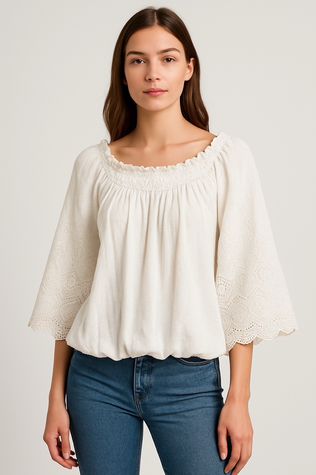 Free People White Embroidered Peasant Top Smocked Neckline Eyelet Sleeve Blouse
