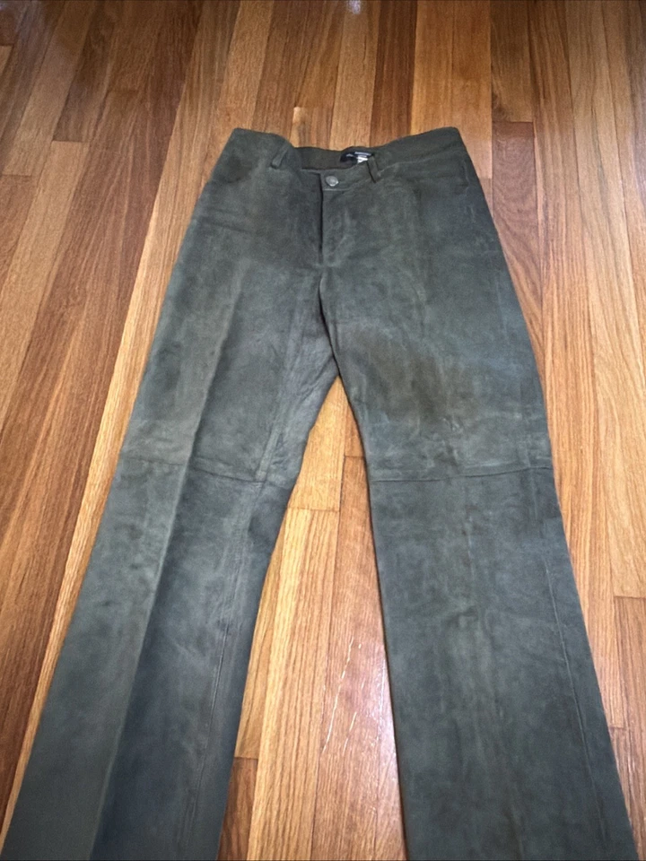 Pantalones de cuero de gamuza verde musgo suave MODA INTERNATIONAL talla 2 bolsillos pierna recta Foto 3 de 4