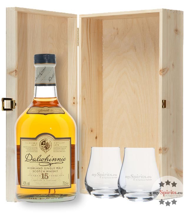 Geschenkset Dalwhinnie 15 Jahre Whisky (43 % Vol. / 0,7 l) in Holzschatulle