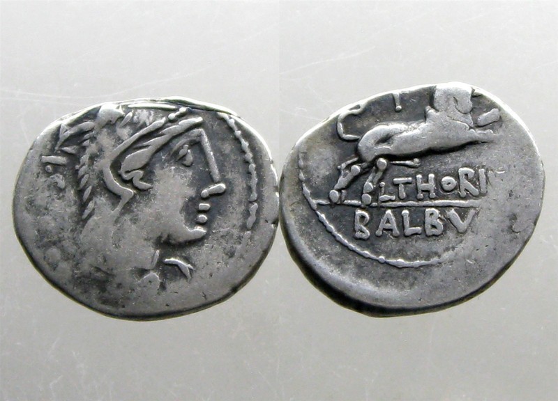 THORIA 1 SILVER DENARIUS________Roman Republic________JUNO & CHARGING BULL