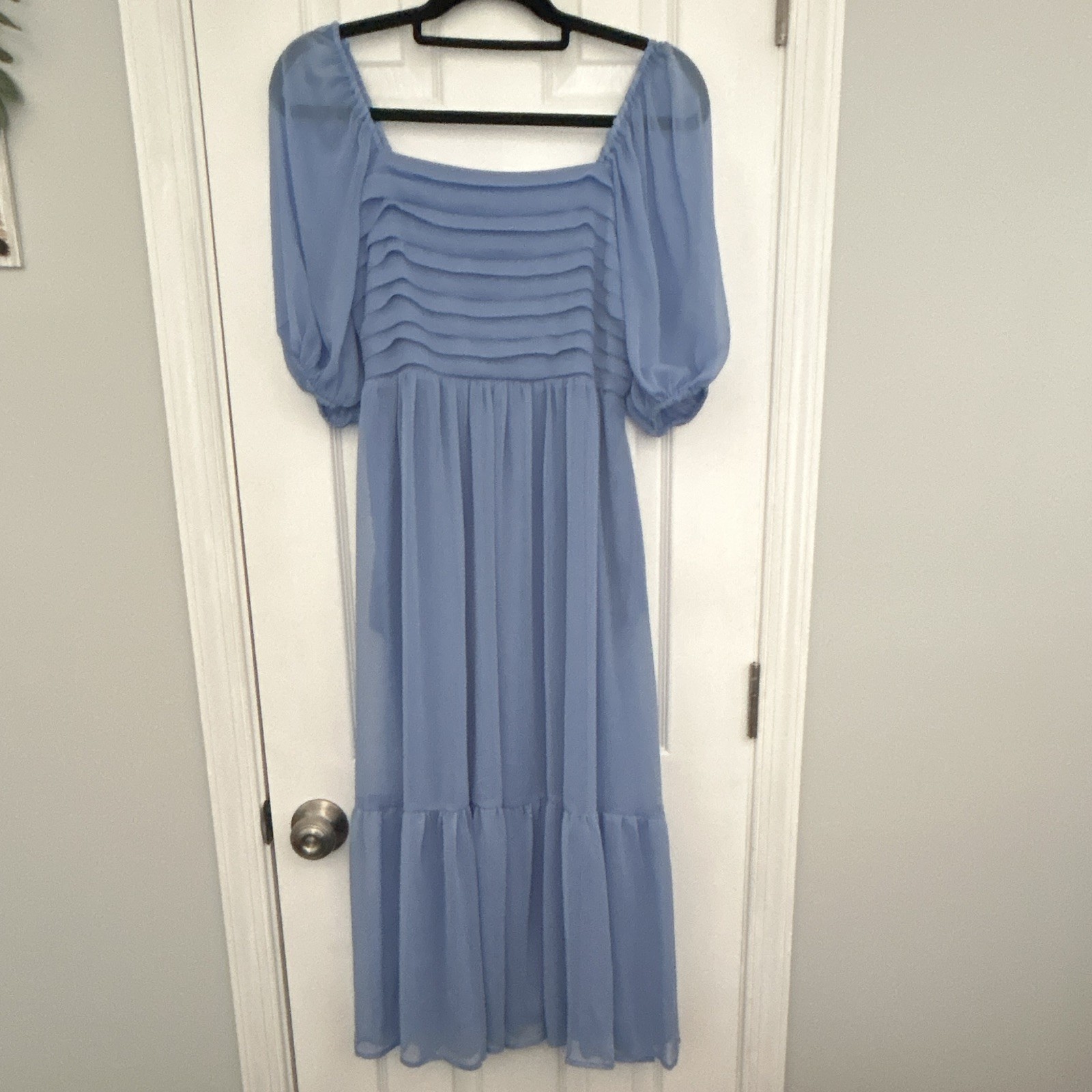 LC Lauren Conrad Blue Chiffon Smocked Square Neck Puff Sleeve Midi Dress S