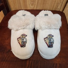 Polo Ralph Lauren Fuzzy Slippers Beige Ski Bear Womens Size 8 Flaws