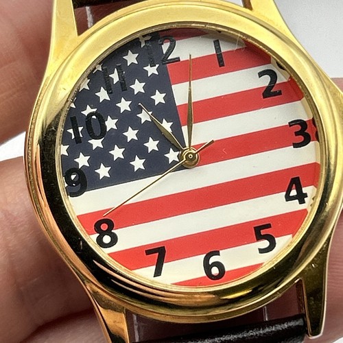 American Flag Maxim-All Watch Gold Tone Dial Brown Leather Band NEW BATTERY 7" - Picture 8 of 10