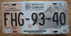 SINGLE MEXICO state of COAHUILA LICENSE PLATE 2013/15 FHG-93-40 -AUTO- DINOSAUR