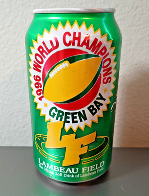SUPER RARE 7UP CAN UNOPENED 1996 WORLD CHAMPIONS GREEN BAY PACKERS LAMBEAU FIELD