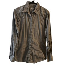 Rock 47 by Wrangler Grey Embroidered Studded Long Sleeve Button Up Shirt Medium