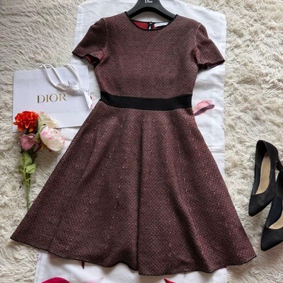 Christian Dior Sommer Strick Kleid Rot Schwarz Elegant Knielang Größe M