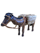 Handcrafted Leather Burro Donkey Moroccan Folk Art with Woven Saddle Baskets