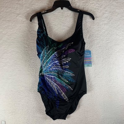 Swim Solutions Women's Firework Palm Print One Piece Swimsuit Size 14 NWT 9394
