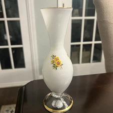 Vintage White Bud Vase Made in Italy 8" Hand Blown Satin Frosted With 18 K Gold