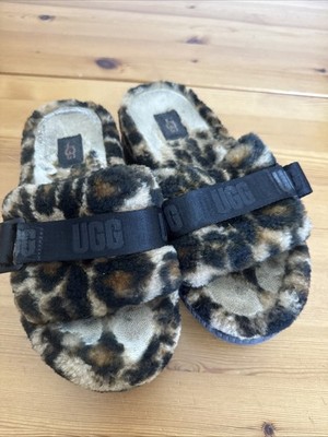 Y2K UGG Fluff Yeah Leopard Print Slide Sandals Faux Fur Platform Size 6￼