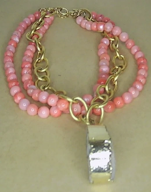 Raro Collar Susan Shaw Cuarzo, Cuentas Coral Rosa Triple Latón Chapado en Oro 24K Foto 4 de 4