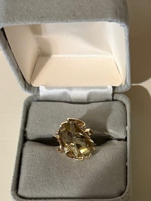 Smokey Topaz Ring--Geometric Cut, 10KYG Swirl setting, size 6; great condition