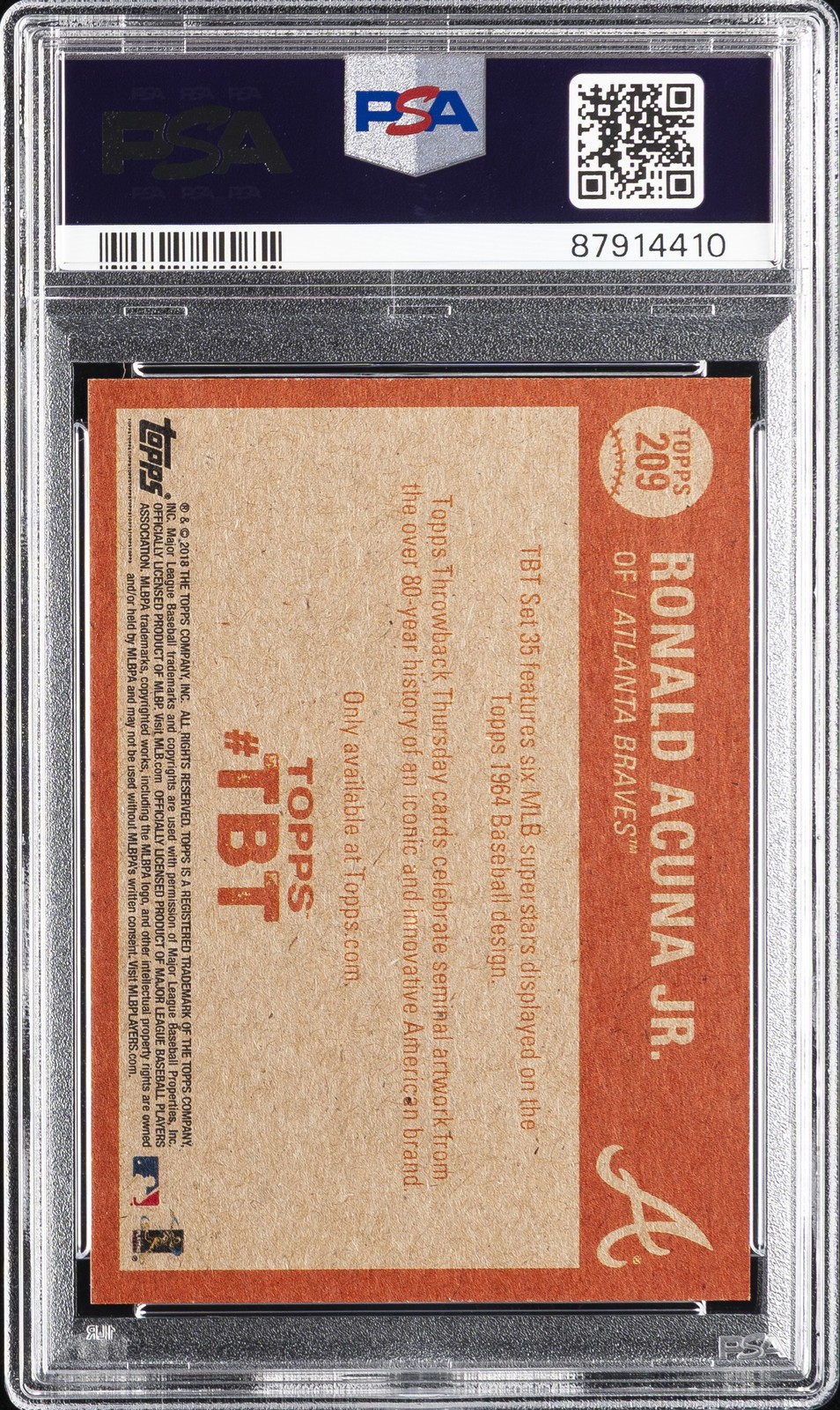 2018 TOPPS THROWBACK THURSDAY #209 RONALD ACUNA JR. ROOKIE RC PSA 8 view 2