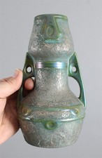 Antique Austrian Secessionist Jugendstil Silver Iridescent Art Pottery Vase, NR