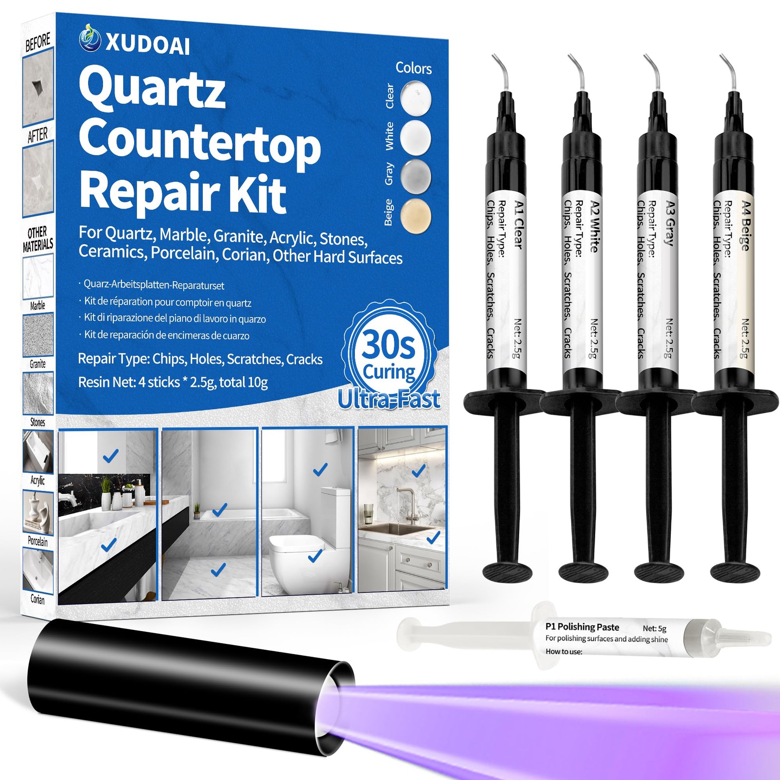 Quartz Countertop Repair Kit (Clear, White, Gray, Beige) 30s Fast Curing DIY ...